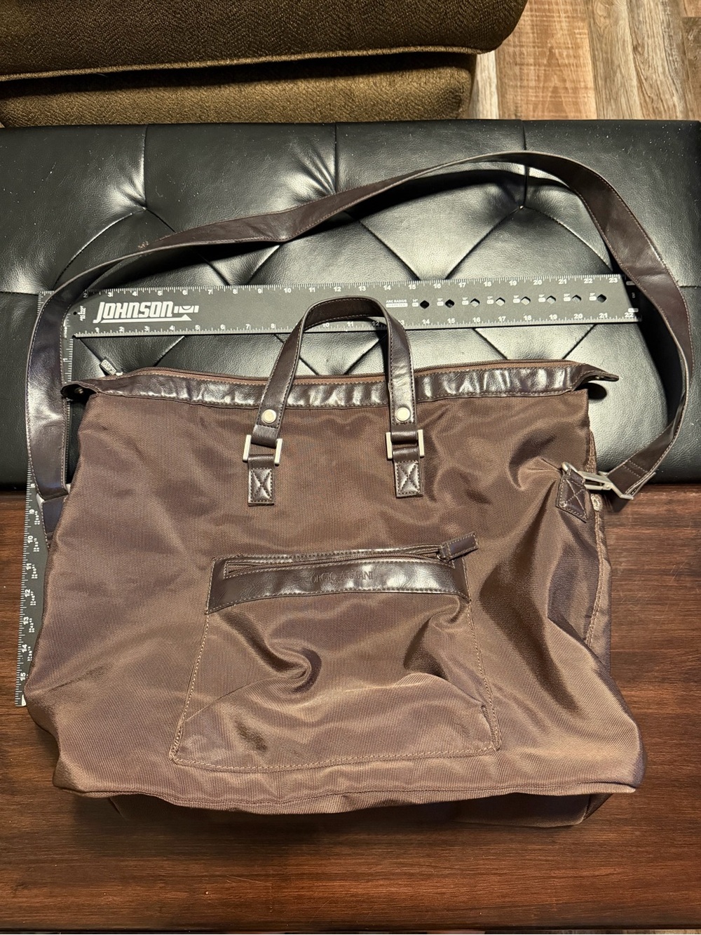 Giorgio Armani Dark Brown Nylon Travel Tote with Leather Trim
